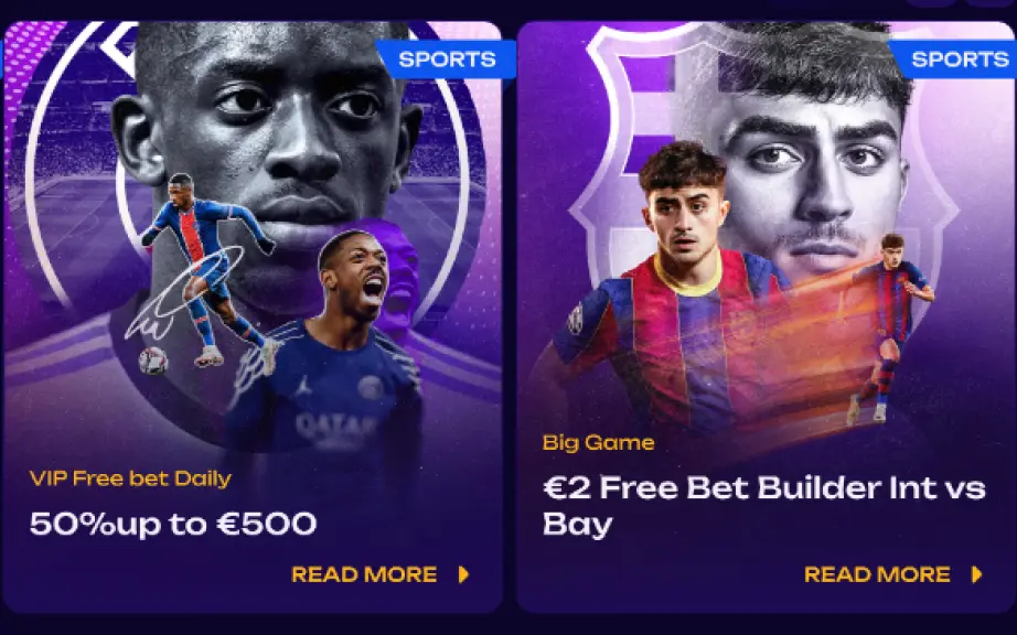 κάρτες sports προσφορών με vip free bet έως €500 και big game €2 free bet builder δύο κάρτες προσφορών sports, εμφανίζονται vip free bet daily 50% έως €500 και προσφορά big game €2 free bet builder int vs bay με κουμπί read more
